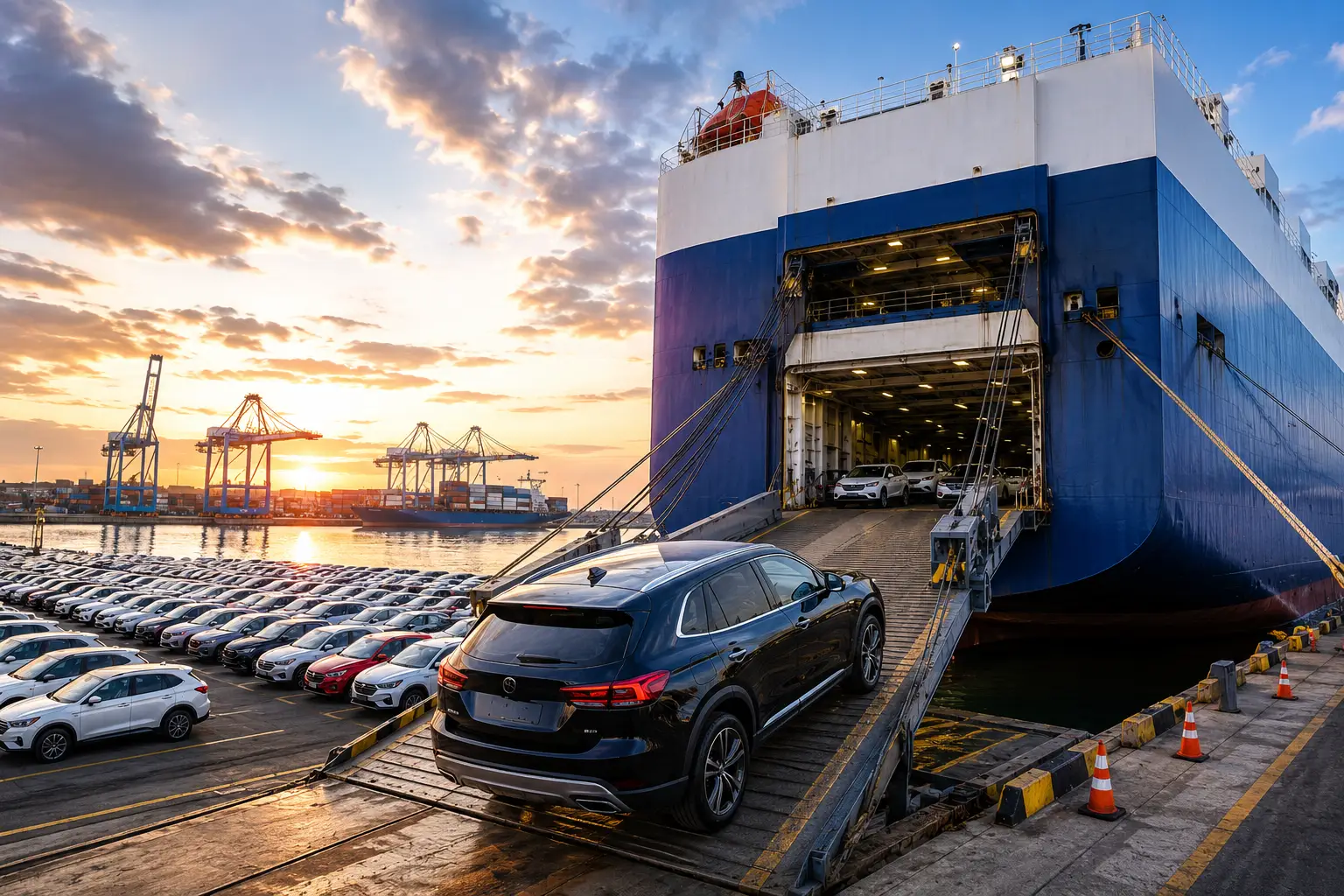 Sea freight vehicle shipping using container and RoRo transport for international car export from the UAE